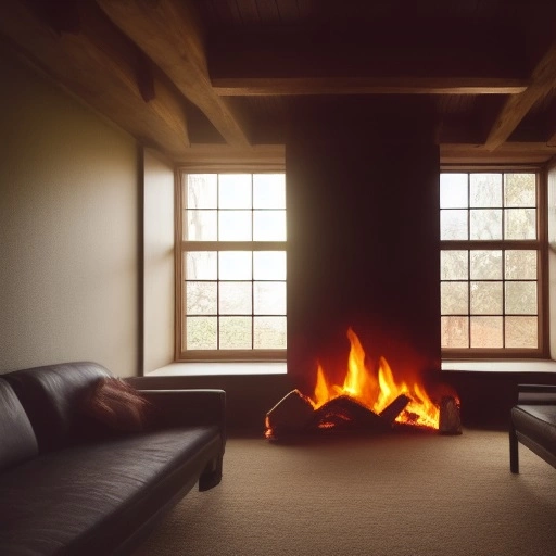 01306-2190706476-dark room with volumetric light god rays shining through window onto stone fireplace with fire  in front of cloth couch.webp